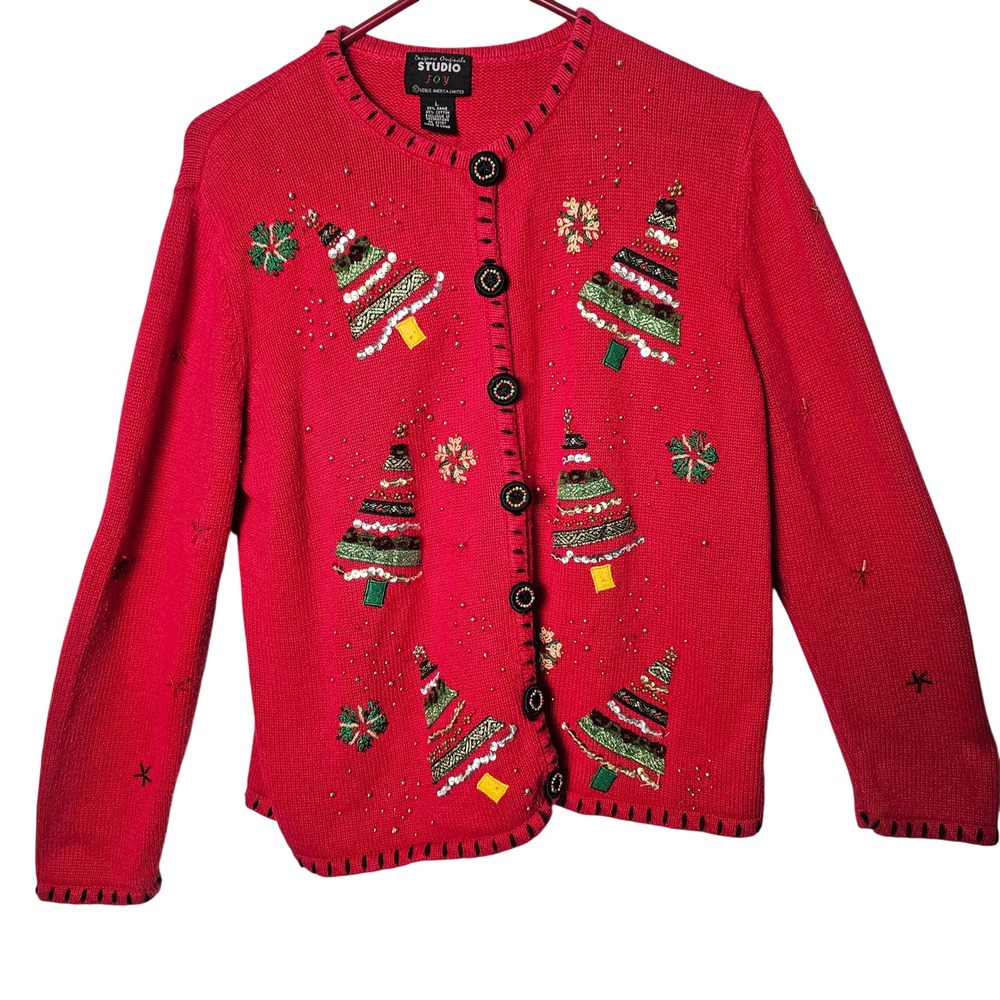 Designers Originals Studio Joy Christmas Cardigan L Red Beaded VTG Grandmacore